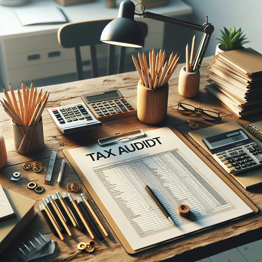 a desktop with cups of pencils, a tax audit page on a clipboard