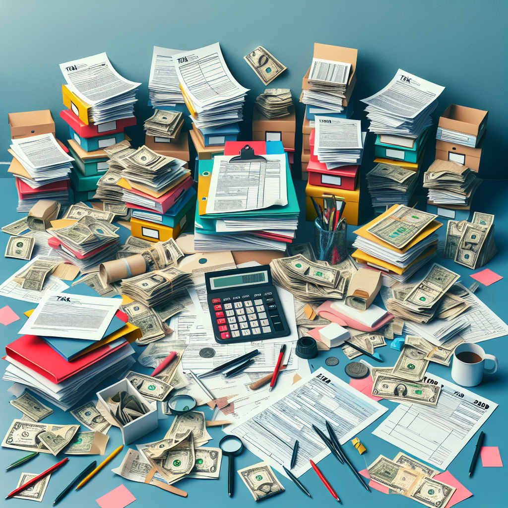 tax preparation clean showing a messy assortment to tax papers, calculators, piles of receipts and IRS forms
