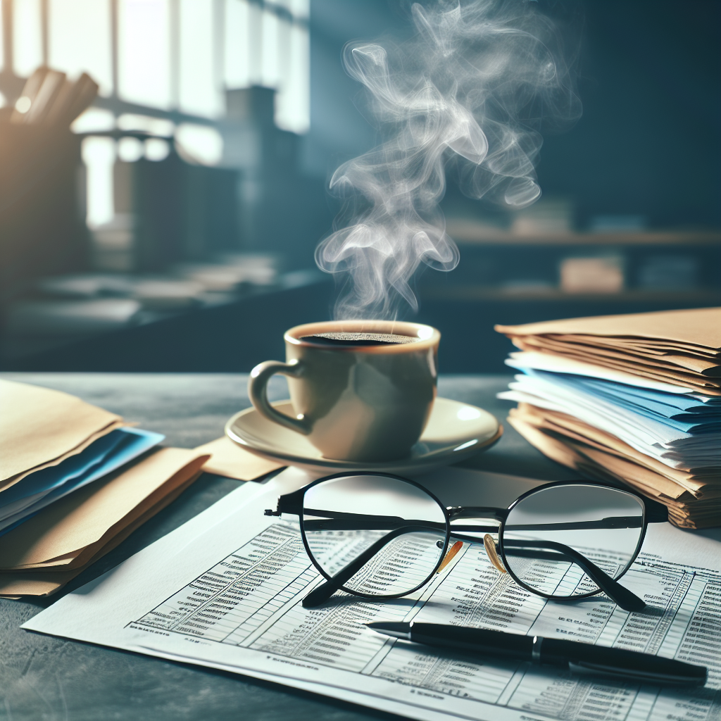 desktop with cup of coffee, files, a pair of glasses