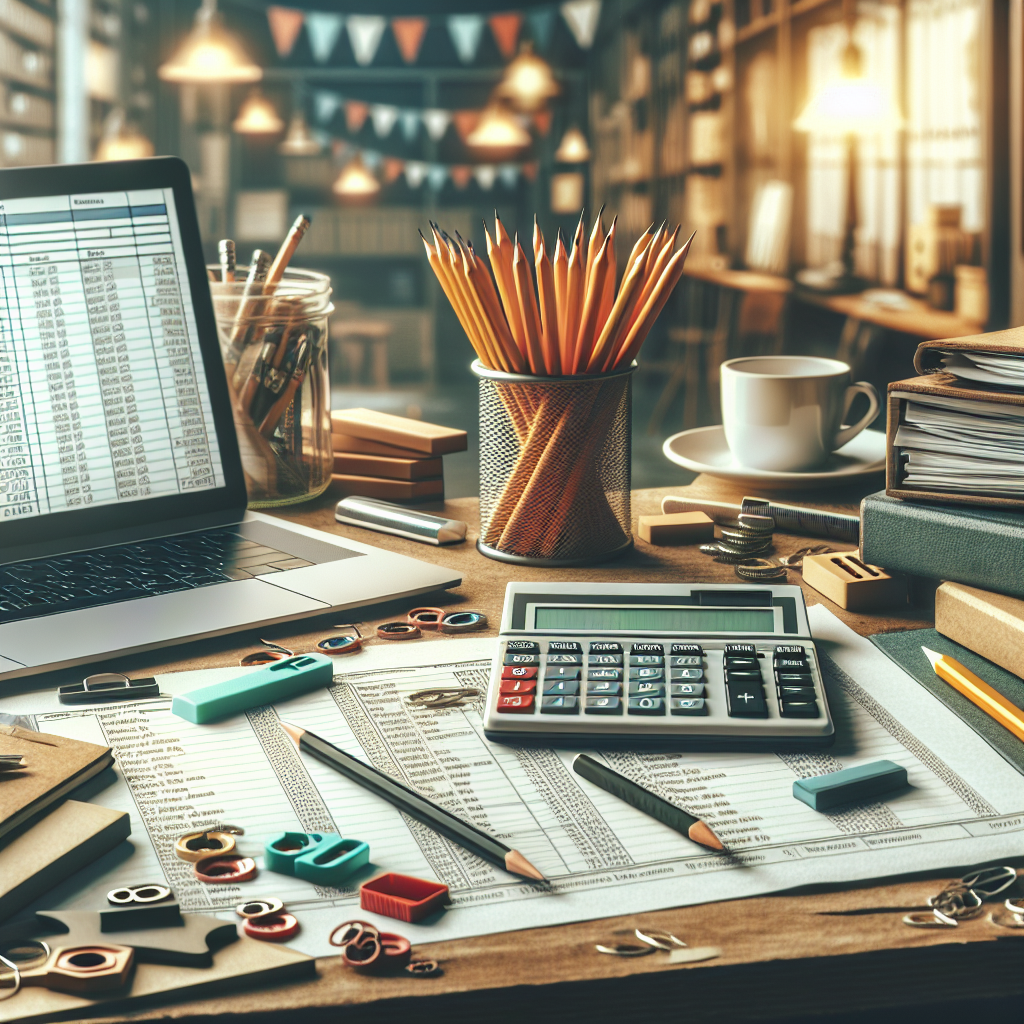 a working office desktop with a calculator, computer screen, pencils & erasers, papers