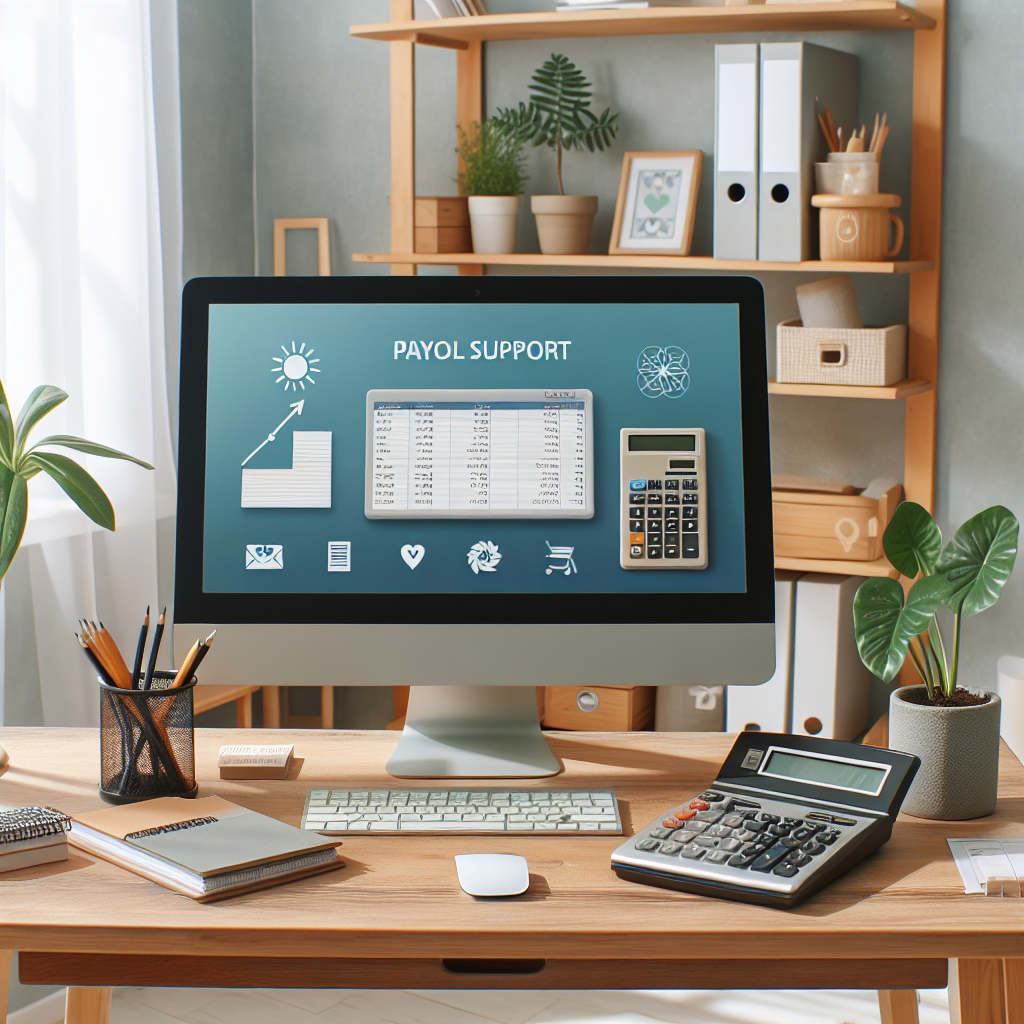 a desk top with a computer screen the words payroll support