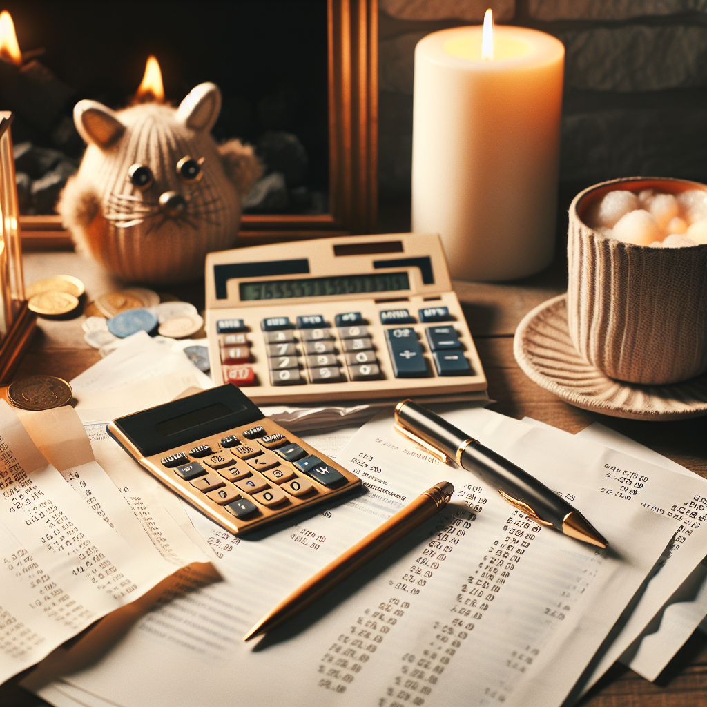 two calculators, papers fill the table, a cat candle