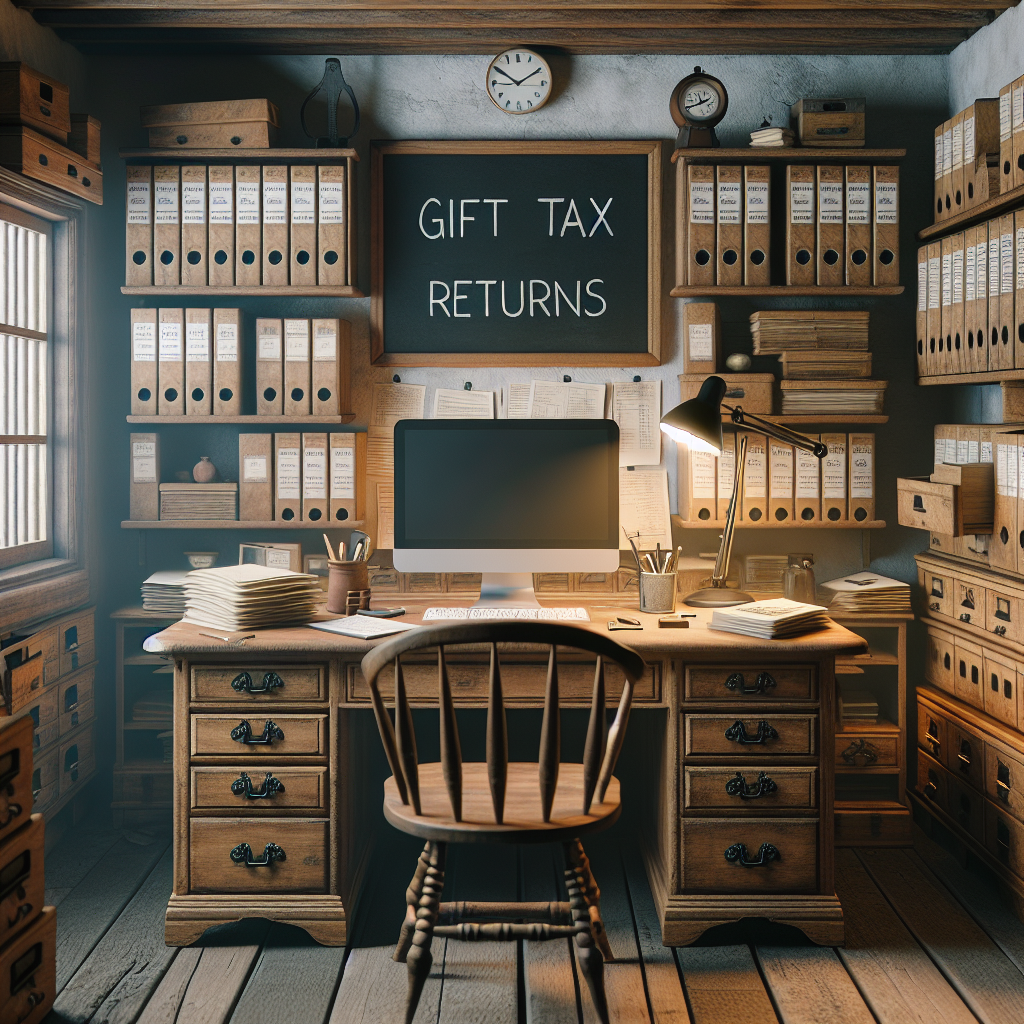 a quiet office processing gift tax returns, a bookshelf wall of files, with a desk and computer
