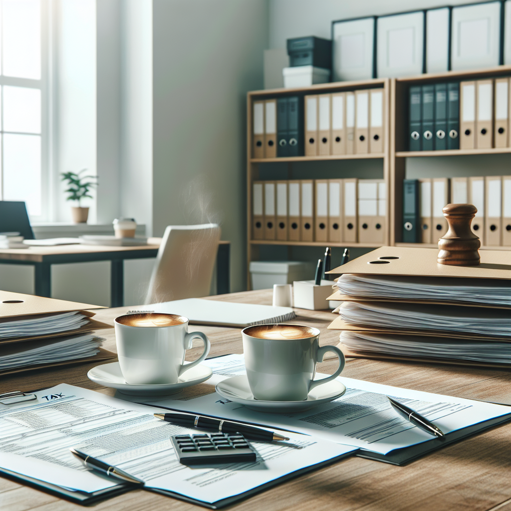 financial preparation showing an office desk, pile of files, two cups of coffee
